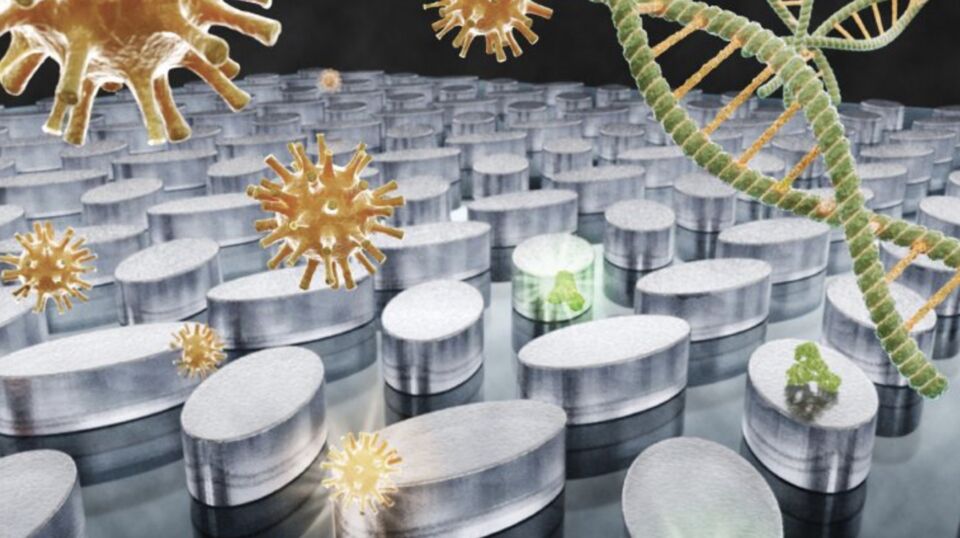 Illustration of a metasurface of nanoantennas sensing biomolecules